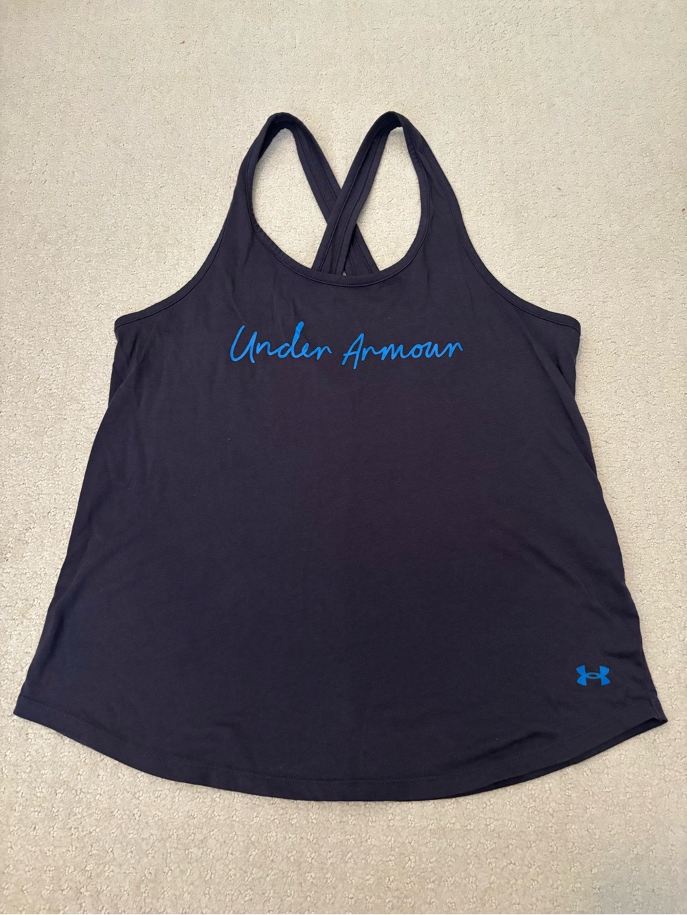 Under Armour Women’s Gray Criss Cross  Racerback Tank with Blue Logo Workout